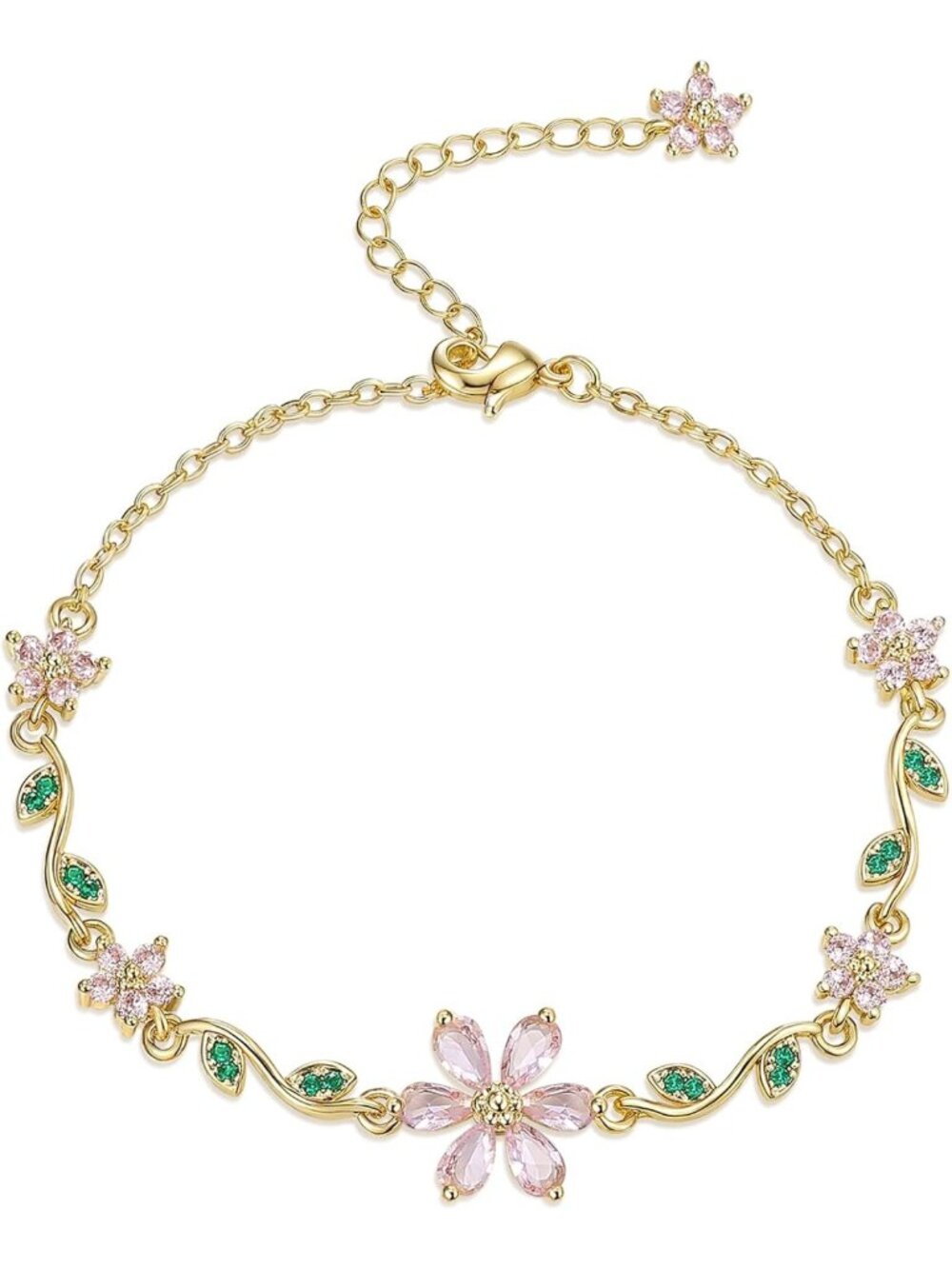Elegant Floral Chain Bracelet with Zircon Petals & Leaves - Perfect Valentine's